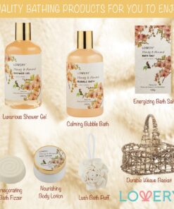 Home Spa Gift Basket - Honey & Almond Scent - Luxury Bath & Body Set For Women and Men With Shower Gel, Bubble Bath, Body Lotion, Bath Salt, Bath Bomb, Bath Puff & Handmade Weaved Basket 16 81Z6KxPxS5L