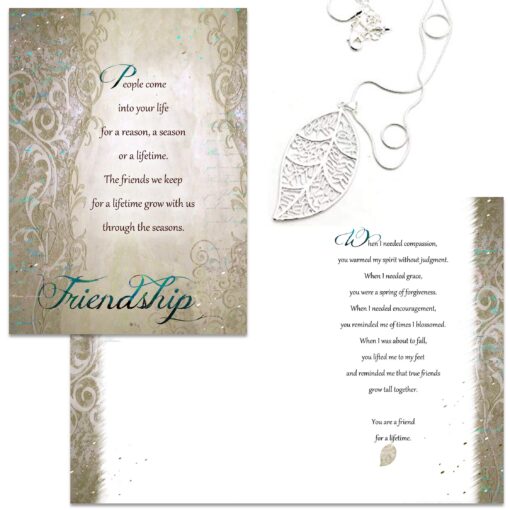 Smiling Wisdom - Friendship - A Reason Season Lifetime Friend Greeting Card and Leaf Necklace - Growing Together - Women BFF Green Card - Silver Leaf Large 5x7 in