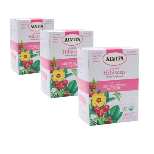 Alvita Organic Hibiscus Tea, Herbal Organic Hibiscus Flowers for Healthy Blood Pressure, Hibiscus Tea Bags for Cardiovascular Function, Antioxidant Support, Circulation (3 Pack - 16 Tea Bags Per Box) 3 Count (Pack of 16)