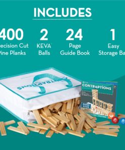 MindWare KEVA Contraptions 400 Plank Wooden Building Blocks Set - Ball Maze and Ball Run – 400 Precision Cut Wooden Planks, 2 KEVA Balls and Idea Book 15 81ZTtCnDqBL