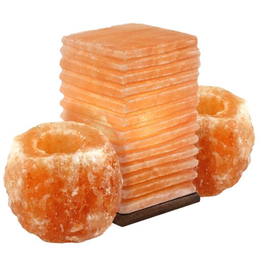 Crystal Allies Gallery: CA SLS-PILLAR-14cm-2pc Natural Himalayan Salt Pillar Lamp and 2 Piece Natural Candle Holder Combo