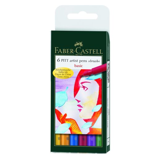 Faber-Castell PITT Artist Brush Pens, Basic, 6-Pack Pitt Artist Brush Pen Wallet - Basic