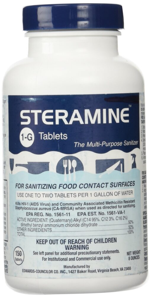 1 X Steramine Quaternary Sanitizing Tablets - 150 Sanitizer Tablets per Bottle