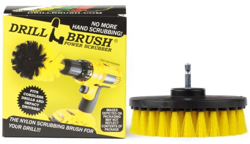 5 Inch Diameter Drill Powered Scrub Brush with Quarter Inch Quick Change Shaft - Drill Brush Attachment Yellow