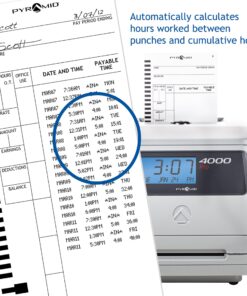 Pyramid Time Systems Model 4000 Auto Totaling Time Clock, 50 Employees, Includes 25 time Cards, Ribbon, 2 Security Keys and User Guide, Made in USA, Silver, "7.25""h x 7""w x 6.75"" d" 11 81a8s9gLG9L