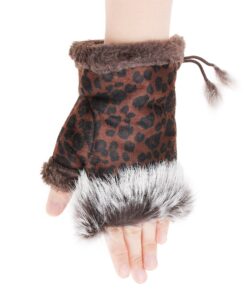 Alternative view of ZLYC Women Teen Classic Winter Warm Rabbit Fur Hands Wrist Fingerless Gloves Mittens (Leopard) Brown