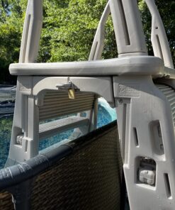 Confer Plastics 7200 Roll Guard 48" to 56" Adjustable A Frame Safety Ladder for Above Ground Outdoor Patio Swimming Pool Platform Ladder with Step Barrier, Warm Grey 40 81aIoTwP6KL