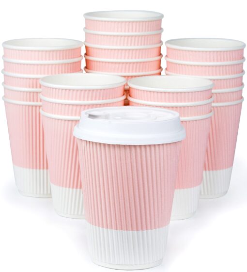 Glowcoast Disposable Coffee Cups With Lids - (80 set) 12 oz Paper To Go Coffee Cups With Resealable Lids Prevent Leaks! Travel Insulated Hot Beverage Drink Cup. Will Not Bend With Heat or Burn Fingers 90 Powder Pink