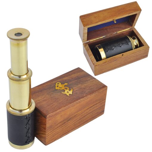 Medieval Replicas Handheld Brass Pirate Navigation Telescope with Wooden Box - (6")