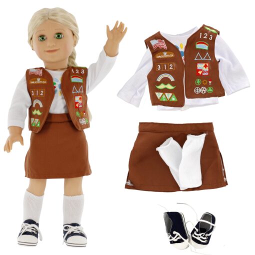 Brownie Girl Scout Inspired Doll Outfit for American Girl and 18" Dolls (5pc Includes Shirt, Shoes, Skirt, Sneakers, and Vest)