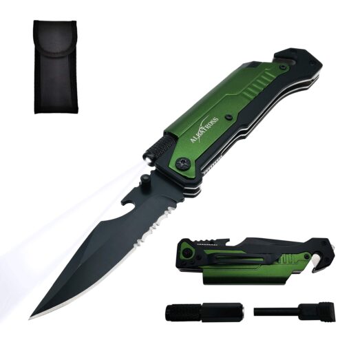 ALBATROSS 6 in 1 Survival Camping Tactical Folding Pocket Knife with Flashlight,Bottle Opener,Rope Cutter,Fire Starter,Glass Breaker,Multi-Function Tool(Green) Green