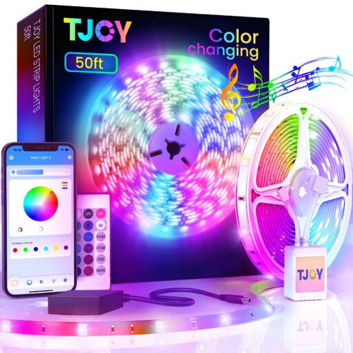 TJOY 50ft Bluetooth LED Strip Lights, Music Sync 5050 LED Light Strip RGB Color Changing LED Lights Strip with Phone Remote, LED Lights for Bedroom Kitchen TV Party TIKTOK DIY (APP+Remote +Mic)