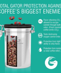 Coffee Gator Stainless Steel Coffee Grounds and Beans Container Canister with Date-Tracker, CO2-Release Valve and Measuring Scoop, Small, Gray 11oz 18 81b JDd0onL