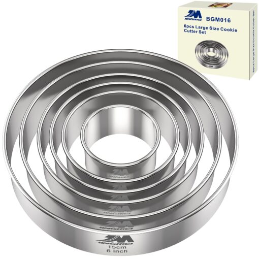 M JNGMEI 6 Pieces Stainless Steel Cookie Cutter Set 2'', 3'',3.5'', 4'',5''and6'' Biscuit Plain Edge Round Cutters large Sizes Shape Molds Ranging from 2-6 Inches GIFT PACKAGE 6pcs(2-6in )