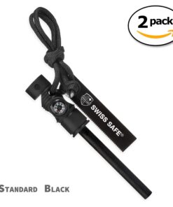 Swiss Safe 5-in-1 Fire Starter with Compass, Paracord and Whistle (2-Pack) for Emergency Survival Kits, Camping, Hiking, All-Weather Magnesium Ferro Rod Black 17 81b9IxCyUOL