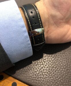 iStrap Leather Watch band -Alligator Grain Embossed Pattern Calfskin Replacement Strap-Stainless Steel Deployment Buckle with Push Buttons-Bracelet for Men Women-18mm 19mm 20mm 21mm 22mm 24mm Black/Tan Stitch-Silver 44 81bByEmuojL