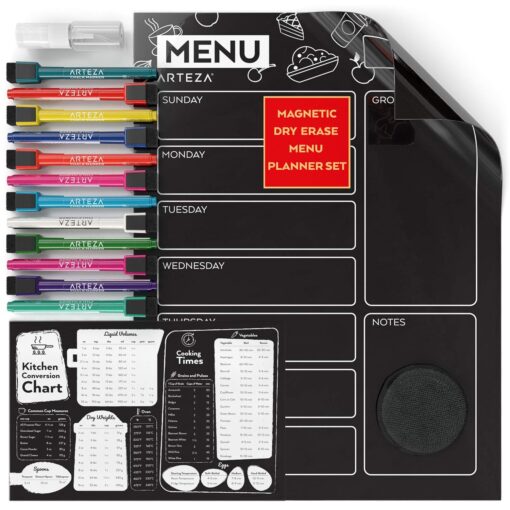 Arteza Dry Erase Magnetic Chalkboard Menu Planner Set (16" x 12" Black Dry Erase Board, 9" x 6" Kitchen Conversion Chart, 12 Colorful fine tip Markers, Microfiber Sponge, Spray Bottle) 16 x 12 Inches