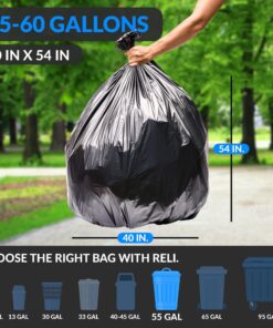 Reli. 55-60 Gallon Trash Bags Heavy Duty | 150 Bags | 50-60 Gallon | Large Black Garbage Bags | Made in USA 150 60 Gallon (Pack of 1) 13 81bIEgUwAzL