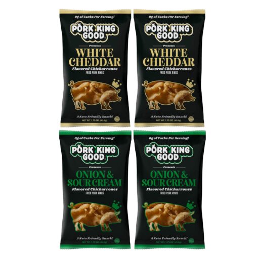 Pork King Good Pork Rinds (Chicharrones) (Variety 4 Pack: White Cheddar/Onion & Sour Cream) Variety Pack: White Cheddar / Onion & Sour Cream 1.75 Ounce (Pack of 4)