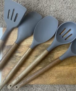 Miusco Non-Stick Silicone Kitchen Utensils Set with Natural Acacia Hard Wood Handle, 5 Pieces, Grey, BPA Free, Baking, Serving and Cooking Utensils Gray 36 81bK6gMgNzL