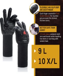 Heat Resistant Silicone BBQ Gloves - Fire Protection up to 1472°F - Insulated Glove Set for Hot Barbecue, Grill, Smoker, Baking, Cooking, and Cutting - Indoor or Outdoor Mitts Fit Men and Women One Size (Longer Cuff) Full Black 18 81bnGZ9aDOL