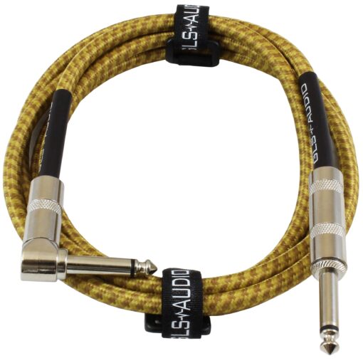 GLS Audio Instrument Cable - Amp Cord for Bass & Electric Guitar - Straight to Right Angle 1/4 Inch Instrument Cable - Brown/Yellow Braided Tweed, 6ft 6 Ft. Right-Angle Gold