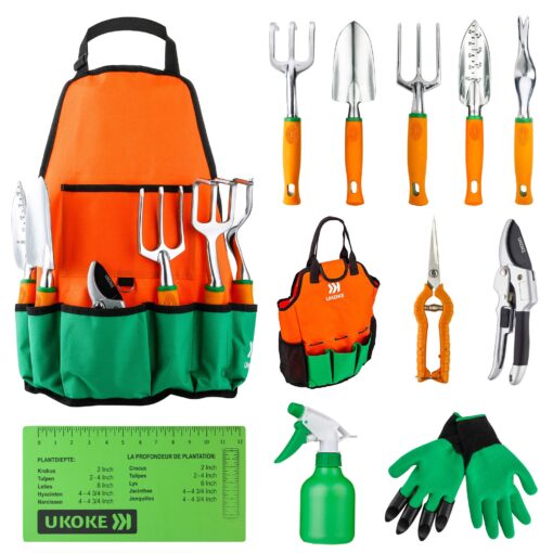 UKOKE Garden Tool Set, 12 Piece Aluminum Hand Tool Kit, Garden Canvas Apron with Storage Pocket, Outdoor Tool, Heavy Duty Gardening Work Set with Ergonomic Handle, Gardening Tools for women men Garden Tool Set -12PCS