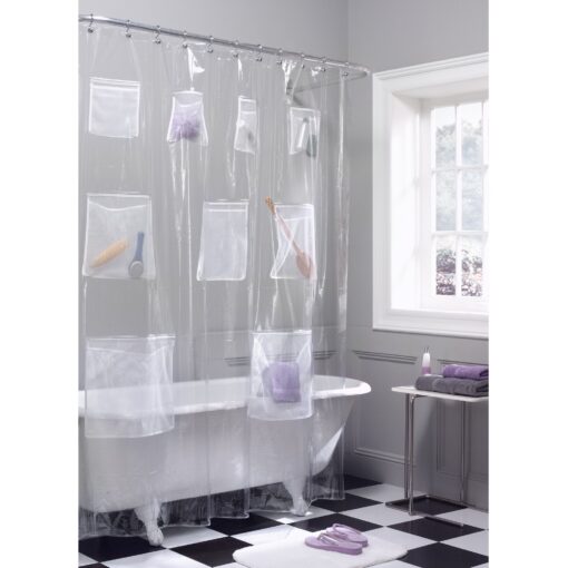 Zenna Home Waterproof PEVA Shower Curtain or Shower Liner with 9 Mesh Storage Pockets, 70" x 72", Bathroom Organizer, Clear Clear Liner