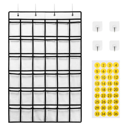 SAVERHO 36 Pockets Classroom Pocket Chart for Cell Phones, Pocket Chart for Calculator Holder with 36 Number Sticker (White) White-1pack of 36pockets