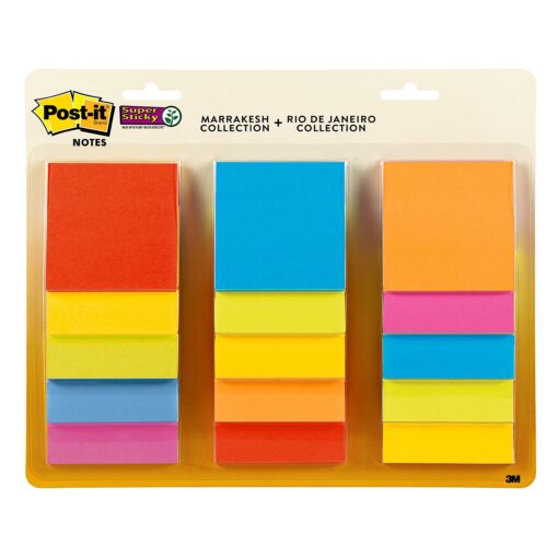 Post-it Super Sticky Notes, 3x3 in, 15 Pads, 2x the Sticking Power, Energy Boost, Bright Colors (Orange, Pink, Blue, Green), Recyclable (654-24SSAU-CP)