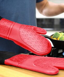 HOMWE Extra Long Professional Silicone Oven Mitt, Oven Mitts with Quilted Liner, Heat Resistant Pot Holders, Flexible Oven Gloves, Red, 1 Pair, 14.7 Inch 35 81clCbEmNL