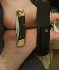 Buck Knives 110 Folding Hunter Lock-back Knife, Brass Bolsters, Ebony Handles, 3-3/4" 420HC Blade with Leather Sheath Classic 3.75" 46 81cqa1xdQL