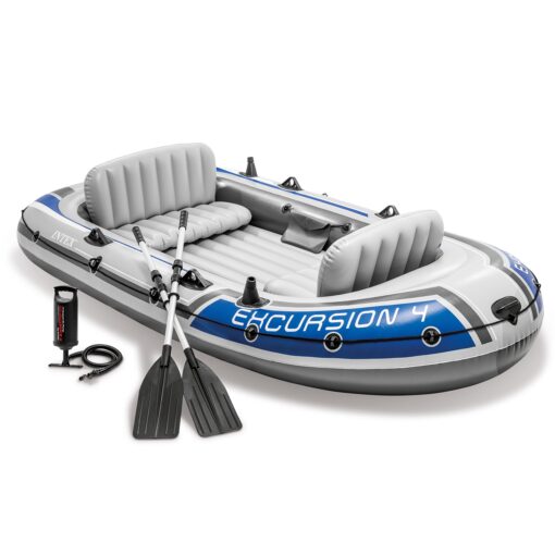 INTEX Excursion Inflatable Boat Series: Includes Deluxe 54in Aluminum Oars and High-Output Pump – SuperStrong PVC – Adjustable Seats with Backrest – Fishing Rod Holders – Welded Oar Locks 4-Person