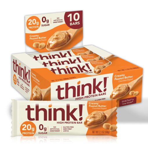 think! Protein Bars, High Protein Snacks, Gluten Free, Sugar Free Energy Bar with Whey Protein Isolate, Creamy Peanut Butter, Nutrition Bars without Artificial Sweeteners, 2.1 Oz (10 Count) 10 Count (Pack of 1)