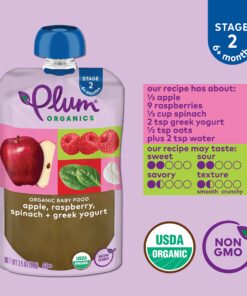 Plum Organics Stage 2 Organic Baby Food - Apple, Raspberry, Spinach, and Greek Yogurt - 3.5 oz Pouch (Pack of 12) - Organic Fruit and Vegetable Baby Food Pouch Apple, Raspberry, Spinach & Greek Yogurt 12 81d1Kgst2L 1