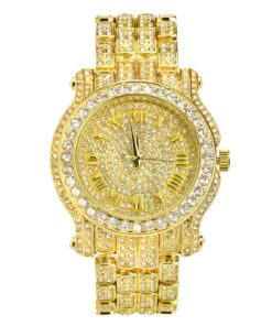 Men's 45mm Iced Diamond Watch with Roman Dial and Bling-ed Out Adjustable Metal Strap - Quartz Movement - 14k Gold or Silver - Watch, Bracelet Set or Tennis Chain Set 19 81d7yVTCafL