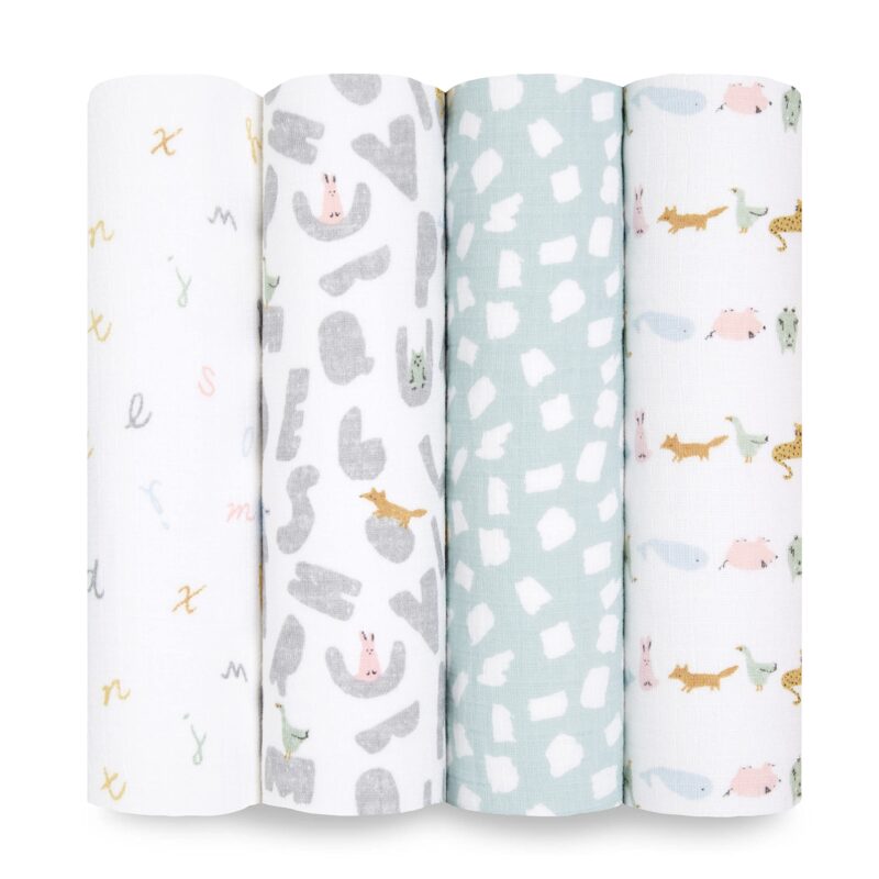 Catalog 5 aden + anais Essentials Swaddle Blanket, Boutique Muslin Blankets for Girls & Boys, Baby Receiving Swaddles, Ideal Newborn & Infant Swaddling Set, Perfect Shower Gifts, 4 Pack, Alphabet Animals