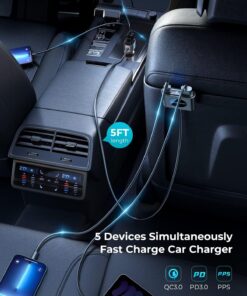5-in-1 Multi Port USB C Car Charger, 78W iPhone Car Charger Fast Charging for Multiple Devices, Car Cigarette Lighter USB Charger with Fast 5FT Cable for iPhone15/Samsung/iPad Pro/MacBook Air/Pro 20 81dMcyrBzL