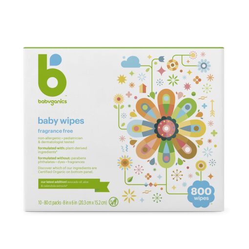 Babyganics Unscented Diaper Wipes, 800 Count, (10 Packs of 80), Non-Allergenic and formulated with Plant Derived Ingredients 800 Count, (10 Packs of 80)