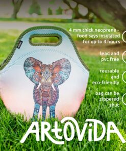 Alternative view of Artovida Artists Collective Insulated Neoprene Lunch Bag - Washable Soft Lunch Tote for Work and Picnic - Design by Monika Strigel (Germany) Elephant - Classic Monika Strigel Elephant