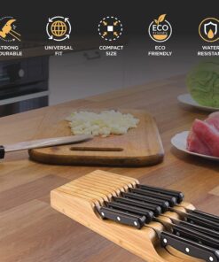 In-Drawer Knife Block Organizer - Bamboo Wood Drawer Knife Organizer - Holds 5 Long + 6 Short Knives (Not Included) - Store Knives with Blades Pointing Down Natural 32 81dd95E0AcL