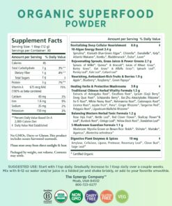 PURE SYNERGY Organic Superfood Powder | Organic Green Superfood Powder | Whole Food Supplement with Organic Greens, Spirulina and Mushrooms | For Energy, Healthy Aging, and Immune Health (12.5 ounces) 12.5 Ounce (Pack of 1) 7 81dfm27Qc1L