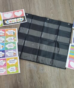 REGELETO Class Jobs Pocket Chart with 70 Colorful Dry Erase Cards and 3 Hooks,Class Management Educational Pocket Chart Teacher's Helper Size: 24.5”x21.8”inch Bulletin Board for Classroom (Black) 16-Pockets 37 81dlXFKnlNL