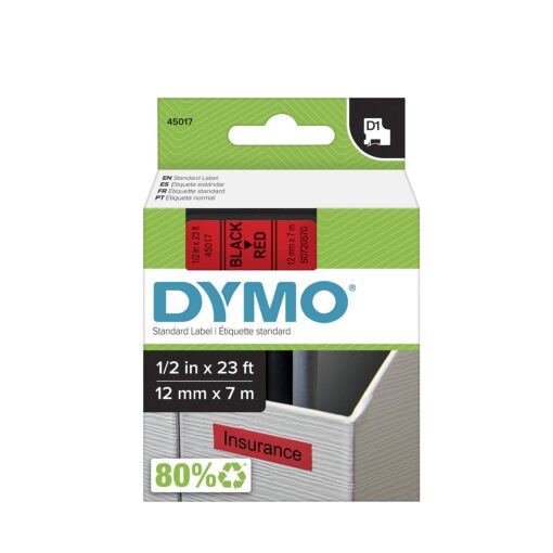 DYMO Standard D1 45017 Labeling Tape ( Black Print on Red Tape , 1/2'' W x 23' L , 1 Cartridge) 1/2" Black on Red