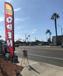 LookOurWay Feather Flag Set - 12 Feet Tall Advertising Flag Banner with Fiberglass Pole Kit and Rotating Ground Spike for Business Promotion - Grand Opening Theme - Now Open Red and Yellow Red/Yellow 18 81drI7q7tKL