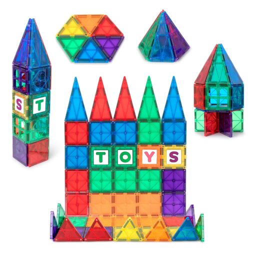 Playmags Magnetic Tiles for Kids, 60 Pc Magnet Blocks with ABC Click-ins, STEM Development Building Toys for Boys Girls & Toddlers 60 Pcs Magnetic Tiles Set