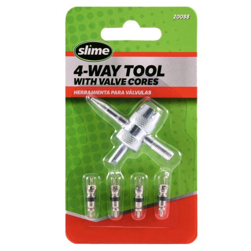 Slime 20088 Valve Tool, 4-Way, Plus Valve Cores for All Types of Tire 4-way Valve Tool