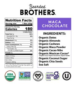 Bearded Brothers Organic Vegan Energy Bars - Gluten & Soy Free, Paleo, Whole 30 | Non GMO, Low Glycemic, High Protein, Fiber | 12pk Maca Chocolate 12 Count (Pack of 1) 12 81eNPL4c0L