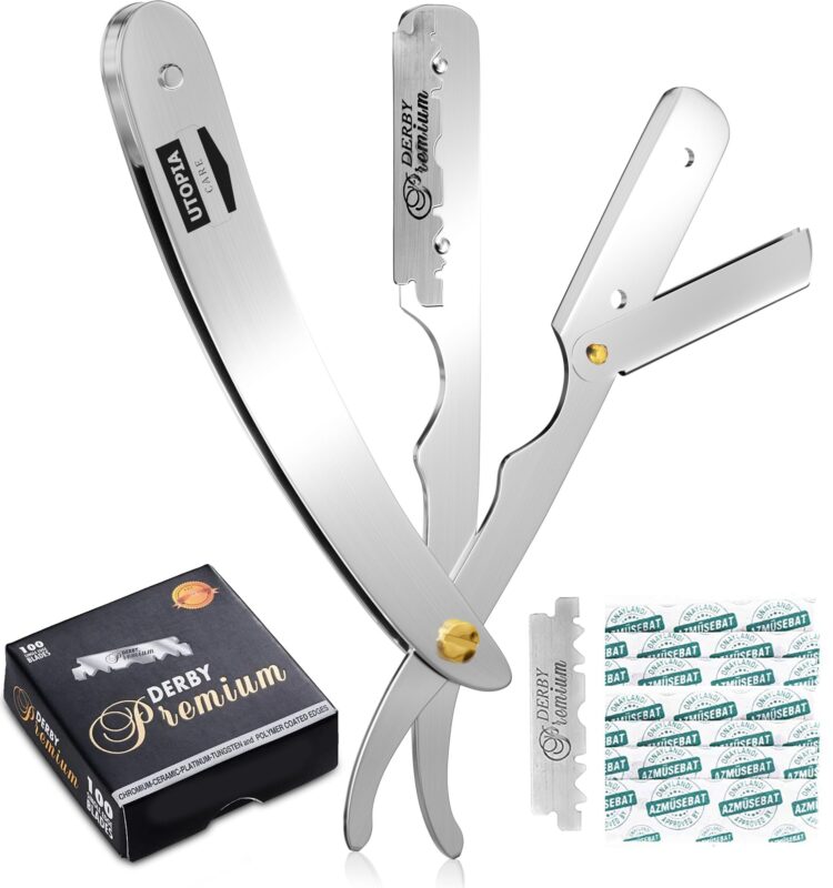 Catalog 8 Utopia Care Professional Barber Straight Edge Razor Safety with 100-Pack Derby Blades - 100 Percent Stainless Steel (Silver) Silver