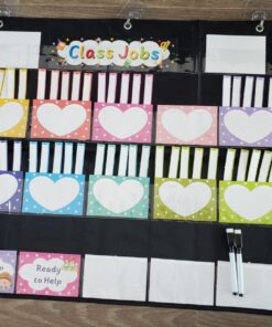 REGELETO Class Jobs Pocket Chart with 70 Colorful Dry Erase Cards and 3 Hooks,Class Management Educational Pocket Chart Teacher's Helper Size: 24.5”x21.8”inch Bulletin Board for Classroom (Black) 16-Pockets 39 81ePETzN5LL